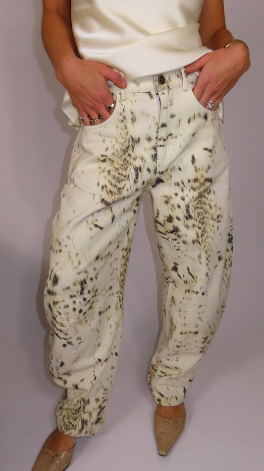 Cream Printed Barrel Leg Pants