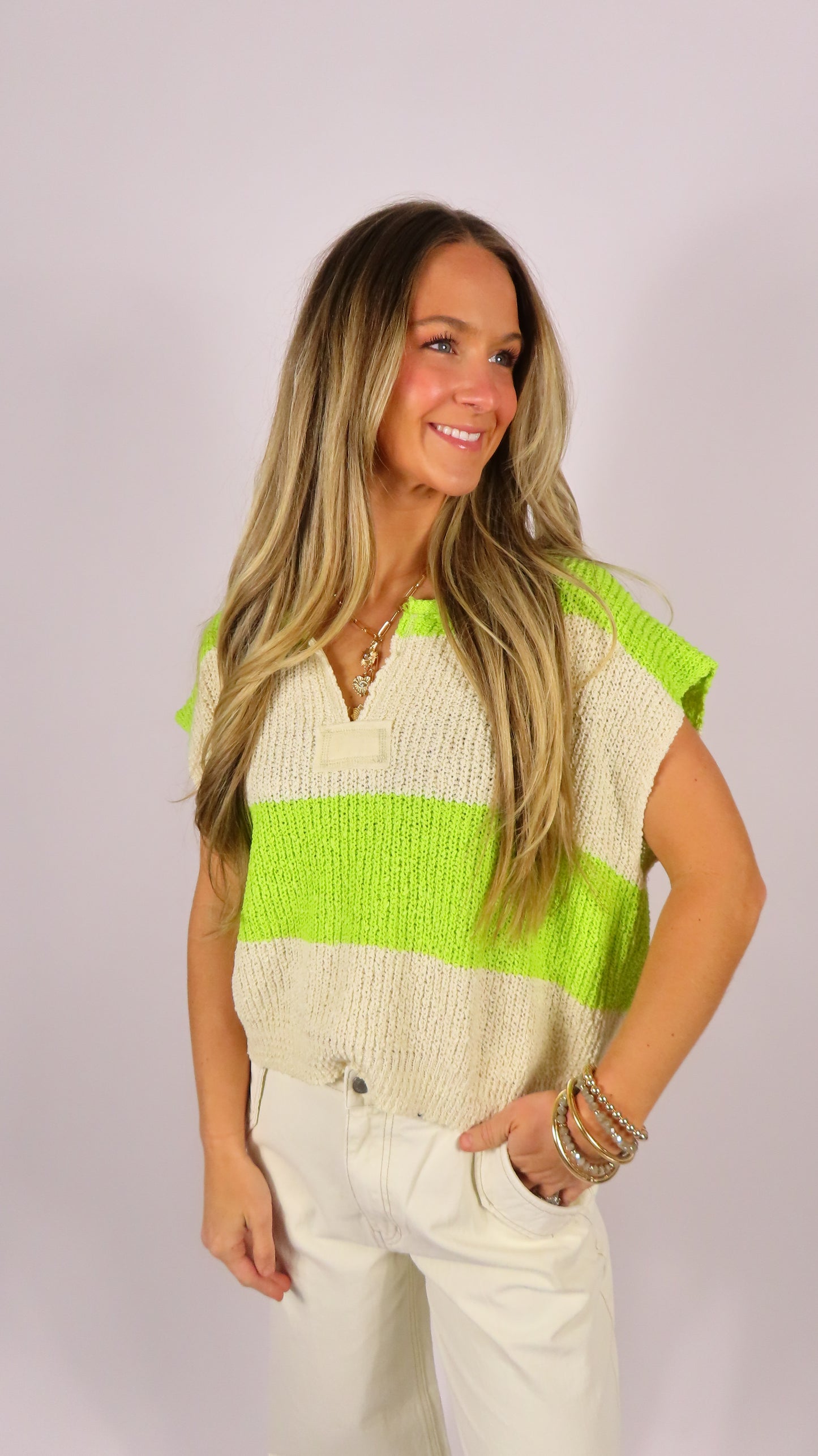 Seaside Slouch Sweater - Lime/Ecru